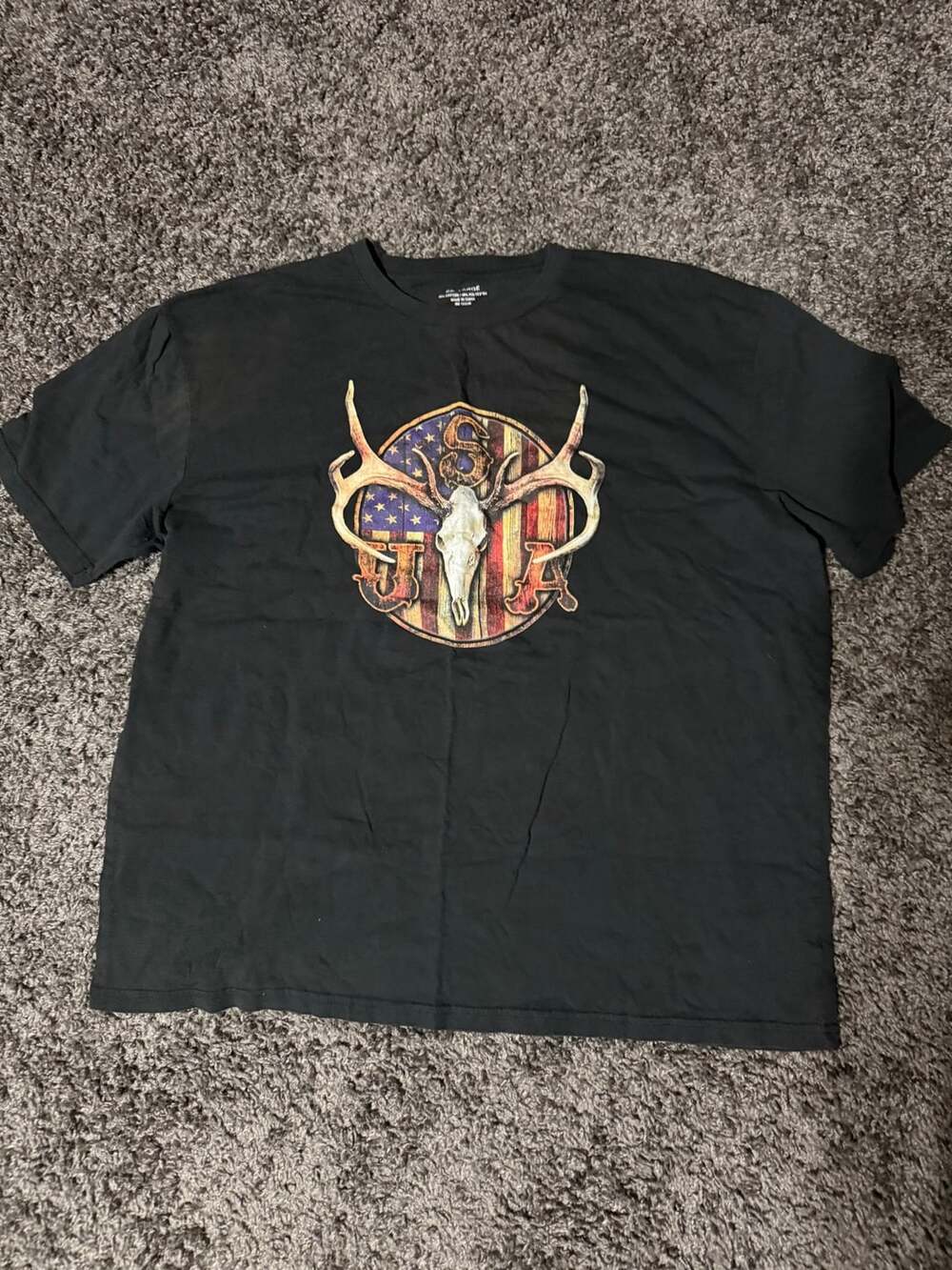 Americana Men's Euro Mount USA Flag Deer Skull T-Shirt Black
